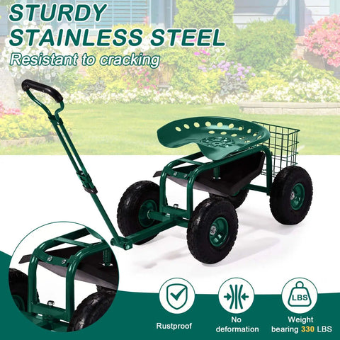 Garden Cart With Rolling Seat And Adjustable Handle, 360 Degree Rotating Stool, Handy Tool Tray, Easy-To-Move Yard Wagon