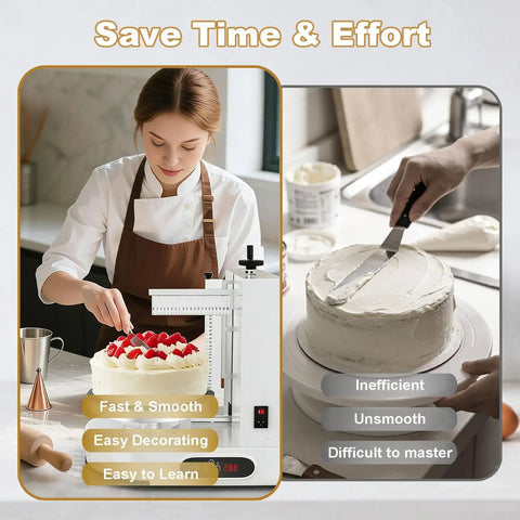 Person using Commercial Cake Icing Machine With Smart LCD Panel, 36cm Turntable for smooth cake frosting