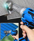 XHTLLO 21V Cordless Electric Metal Shears With Rotating Head cutting through metal sheet, with LED light and ergonomic design.