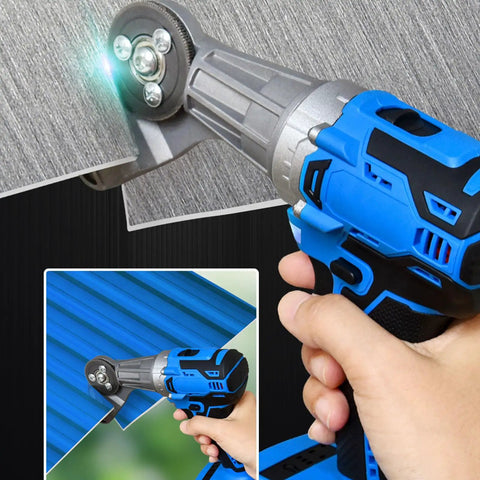 XHTLLO 21V Cordless Electric Metal Shears With Rotating Head cutting through metal sheet, with LED light and ergonomic design.
