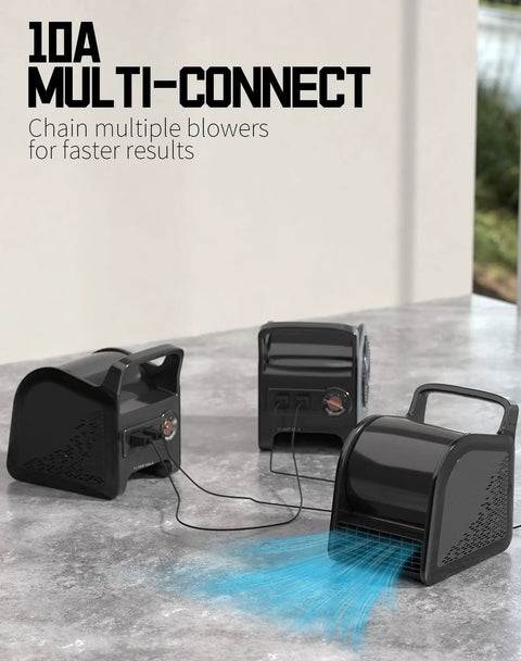 Three industrial floor fan air movers 580W power with 10A multi-connect feature, ideal for drying and ventilation in workshops and garages.