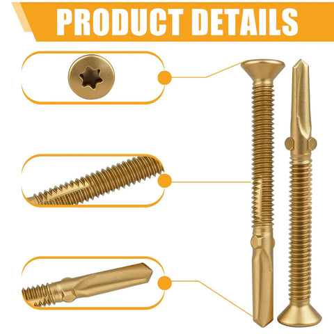 Close-up view of Heavy Duty Number 14 X 2-3/4 Inch Trailer Deck Screws With Bronze Ceramic Coating and Reamer Tek Star Heads.