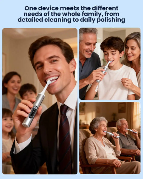 Family using Rechargeable Tooth Polisher Kit With LED Light, 6 Brush Heads And 5 Polishes, 4 Modes, IPX6 Waterproof for daily care