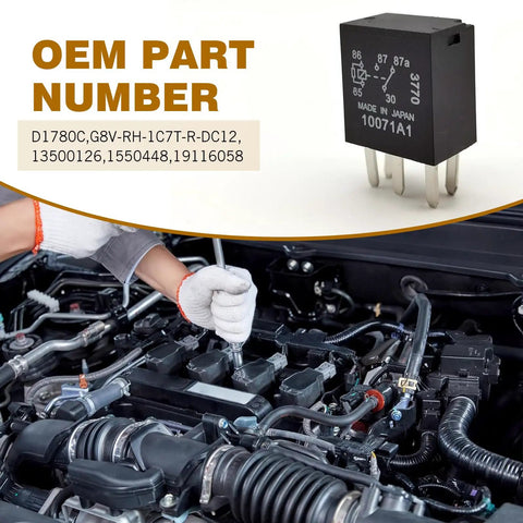 Image of a mechanic working on an engine, showcasing a two piece fuel pump relay set with OEM part number.