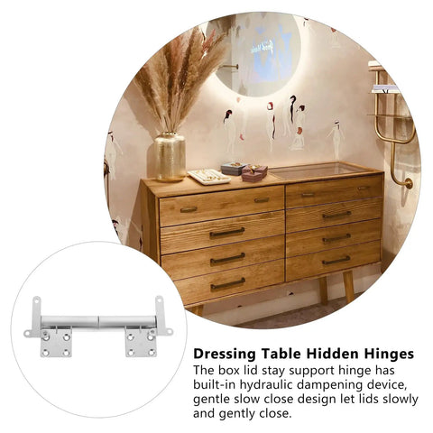 Zinc Alloy Folding Concealed Cabinet Hinges With Soft Close Buffer shown on dressing table with silver finish.