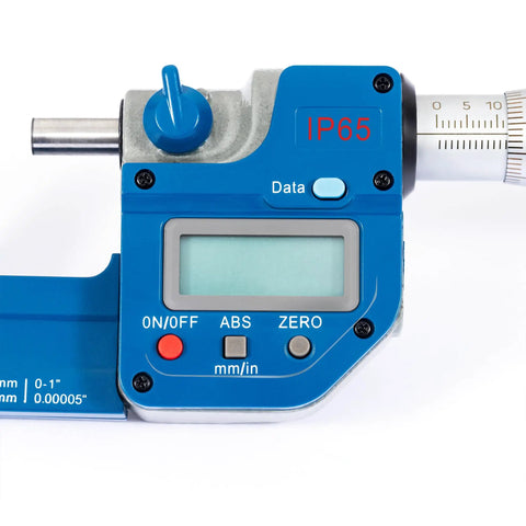 Close-up of IP65 Absolute Origin Digital Micrometer 0 to 1 Inch 0 to 25 Mm LCD Display focusing on control panel and dials
