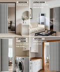 Accordion Door Curtain With Adhesive Track 100 Percent Blackout For Bedroom Closet Or Room Divider Gray 43 Inch Wide By 78 Inch Long Faux Linen Look No Rod Needed Easy Install Interior Doorway Curtain installed in various rooms