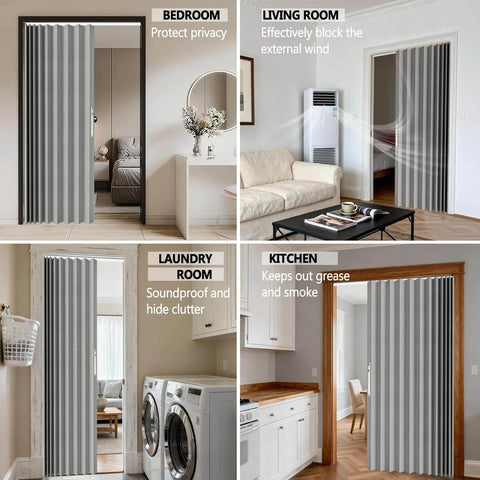 Accordion Door Curtain With Adhesive Track 100 Percent Blackout For Bedroom Closet Or Room Divider Gray 43 Inch Wide By 78 Inch Long Faux Linen Look No Rod Needed Easy Install Interior Doorway Curtain installed in various rooms