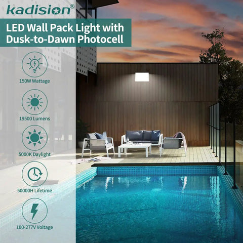 Beast Bright 150W LED Wall Pack Light With Photocell illuminating modern patio at dusk, 19500 Lumen, IP65 waterproof, 100-277V.