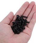 Grab These Happyyami M4x14mm Black Pan Head Self Tapping Screws With Cross Recess And Flat Point in a hand, showing pack for wood cabinet hardware.