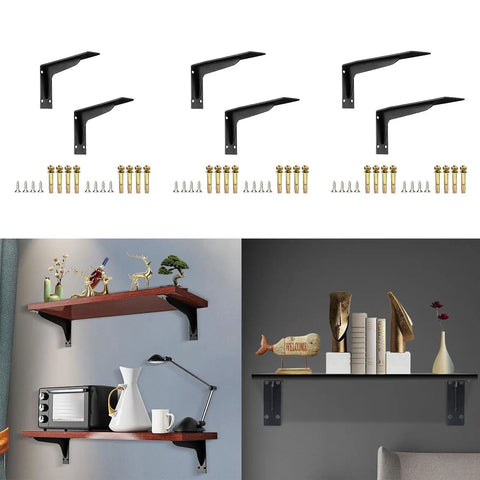 Heavy Duty Metal Shelf Brackets For Wall Mount Storage, black brackets, screws, and wood shelves showcased in home setting.
