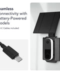 Doorbell Solar Charger With Built In Battery For Arlo Wyze And Eufy Wireless Doorbells Delivers Two And A Half Watts Of Power To Keep Your Camera Charged Day And Night Without Wiring shown connected to a doorbell