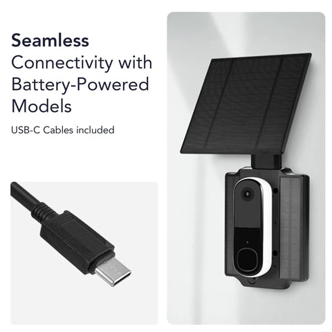 Doorbell Solar Charger With Built In Battery For Arlo Wyze And Eufy Wireless Doorbells Delivers Two And A Half Watts Of Power To Keep Your Camera Charged Day And Night Without Wiring shown connected to a doorbell