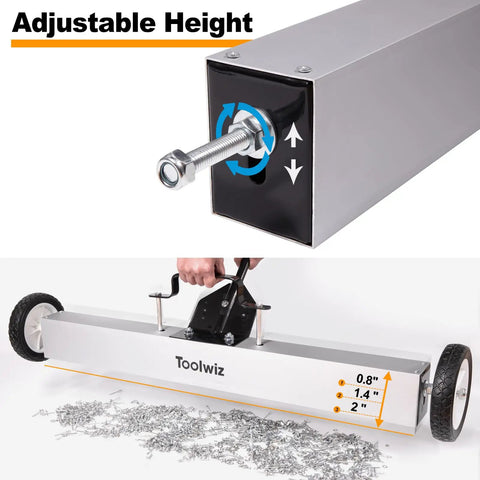 Close-up of Heavy Duty 36 Inch Rolling Magnetic Sweeper With Quick Release Handle, showing adjustable height mechanism and metal debris.