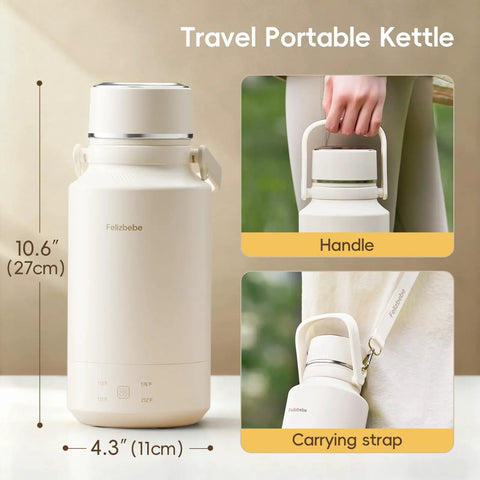 On The Go 1Liter Electric Kettle Portable Travel Kettle, 304 Stainless Steel, shown with handle and carrying strap.