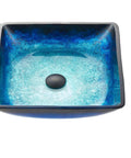 Dope Blue Square Tempered Glass Vessel Sink With Pop Up Drain For Above Counter Vanity Lustrous Deco Glass Finish Top View