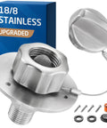 Front view of 18/8 stainless steel RV water inlet with check valve and mounting screws
