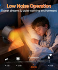 Child sleeping with Compact 600W Desk Heater With Ceramic Core, Fast Heat For Office Or Bedroom, shown on bedside table