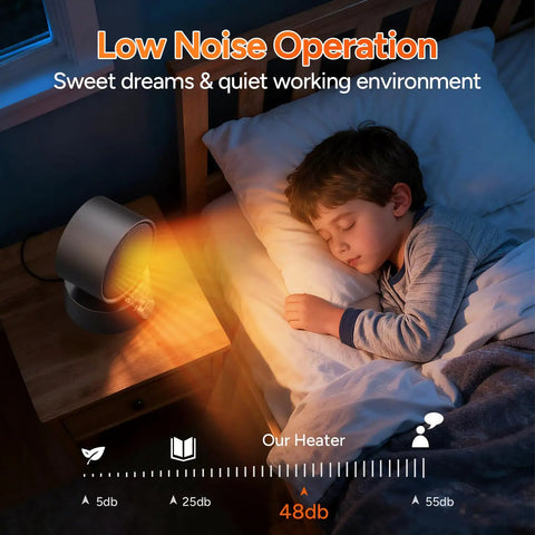 Child sleeping with Compact 600W Desk Heater With Ceramic Core, Fast Heat For Office Or Bedroom, shown on bedside table