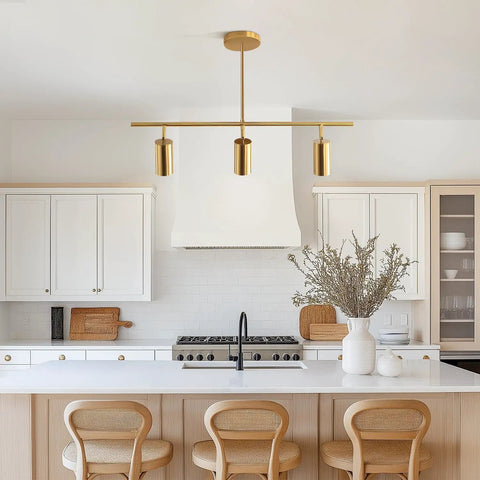 Gold Finish Sleek Linear Pendant Light With Three Adjustable Heads Ceiling Track Spotlight For Dining Room And Kitchen Hanging Fixture With Rods Rotatable 90 And 180 Degree Angles