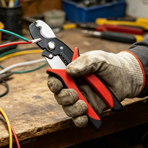 Get Your Hands On This Badass 8 Inch Wire Stripper And Cable Cutter Pliers Multi-Function Electrical Tool Perfect For Pros Who Need Precision Without Gunked Up Cores Or Snagged Wires During Any Home Reno Job You Can Handle It With Ease. A gloved hand holds an 8 inch steel wire stripper cutting green and red wires.