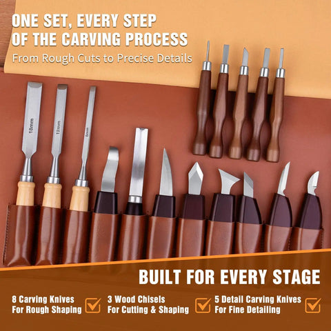 Knockout Wood Carving Kit With Thirty Five Pro Grade Tools And A Rugged Leather Roll featuring 8 carving knives and 3 wood chisels for shaping.