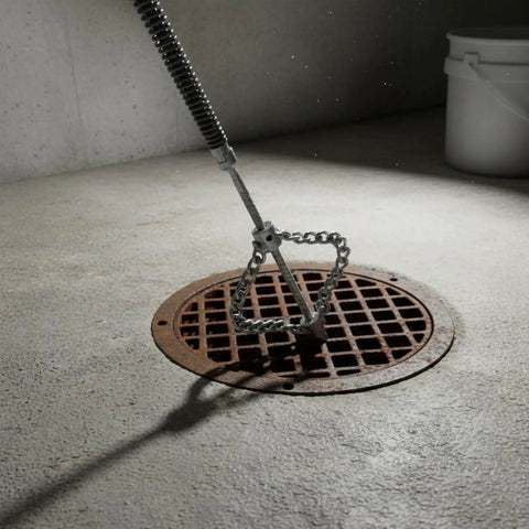 Heavy Duty Auger Chain Drain Cleaning Knocker For Plumbers Double Chain Cutter Head Pipe Dredger near a drain cover.