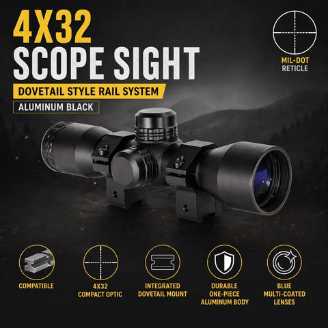 4x32 Hunting Scope For RWS Model 34 22 Caliber Pellet Rifle With Mil Dot Reticle And Dovetail Mount, side view display.