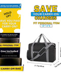 Underseat Personal Item Duffel Bag 18x14x8 Foldable Carry On For Air Travel 25L With Wet Pocket displayed with size chart