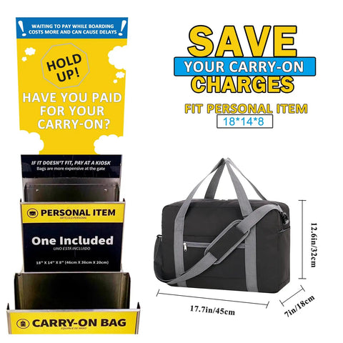 Underseat Personal Item Duffel Bag 18x14x8 Foldable Carry On For Air Travel 25L With Wet Pocket displayed with size chart