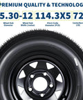 Front view of 2-Pack 5.30-12 Trailer Tires With 12 Inch Rims, 5 Lug On 4.5 Inch Bolt Pattern, 6 Ply Load Range C for trailers