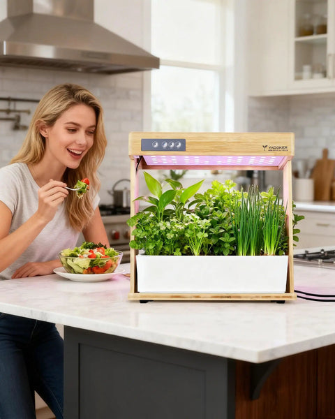 Indoor Hydroponic Garden System with 8 Pod Smart Grow Kit on kitchen countertop growing herbs and veggies with LED grow light