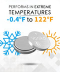 CR2032 3V Lithium Button Cell Batteries 6 Pack performs in extreme temperatures from -0.4°F to 122°F for various gadgets.