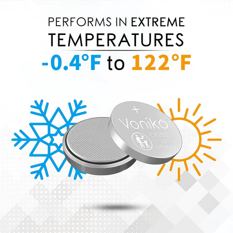 CR2032 3V Lithium Button Cell Batteries 6 Pack performs in extreme temperatures from -0.4°F to 122°F for various gadgets.