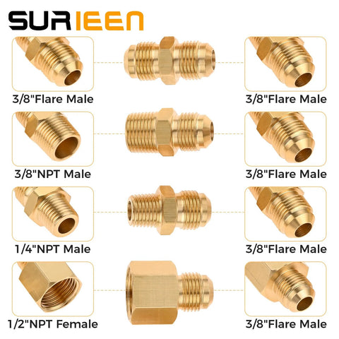 Brass propane gas adapter set with 12 connectors including 3/8 flare and NPT male/female fittings (front collage).