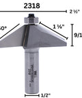 60 Degree Chamfer Router Bit With Carbide Tip Half Inch Shank Two And A Half Inch Diameter One And One Eighth Inch Cutting Length Nine Sixteenths Inch Cutting Height Ideal For Delicate Edge Bevels On Half Inch Collets