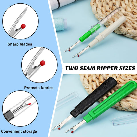 Seam Ripper Kit With 2 Large And 2 Small Stitch Removers, showing different sizes and close-up of blades.