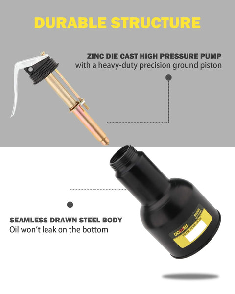 DOWELL pistol pump oiler and metal oil can, black body, 16 oz (500 ml), two-piece set with 2 straight spouts
