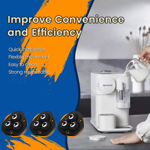 Self Adhesive Caster Wheels For Appliances 360 Degree Swivel Sliders With Slick Glide Smooth Rolling Appliance Rollers For Kitchen Countertop Coffee Makers And Air Fryers 8 Pack Black shown near a coffee maker.