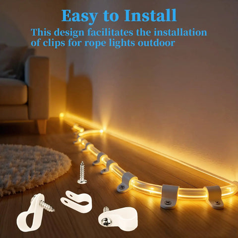 Image of 100 Pack Half Inch P Style Rope Light Clips With Stainless Steel Screws for outdoor use, securing rope lights along a wall.