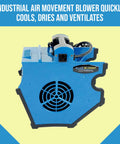 Industrial Air Mover 300 CFM With 3 Speed Settings, blue blower with two outlets and tilt