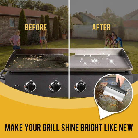 Before and after cleaning with Heavy Duty Stainless Steel Griddle Scraper With Five Inch Handle For Outdoor Grills And Flat Top Cleaning Durable BBQ Scraper Tool For Sturdy Kitchen And Grill Accessories