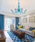 Blue 8 Light 30 Inch Large Pendant Chandelier With Candle Style Holders in modern living room, elegant and bold illumination