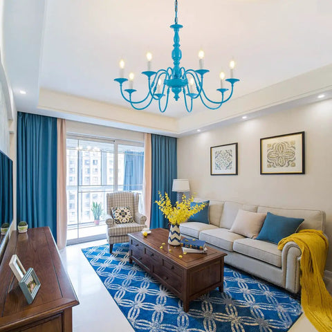 Blue 8 Light 30 Inch Large Pendant Chandelier With Candle Style Holders in modern living room, elegant and bold illumination