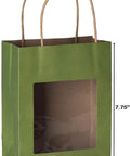Green Kraft Paper Gift Bag with Handles, Clear Window, Medium Size, 7.75 x 6.25 x 3 Inches, Eco Friendly, for Kids Party Favors