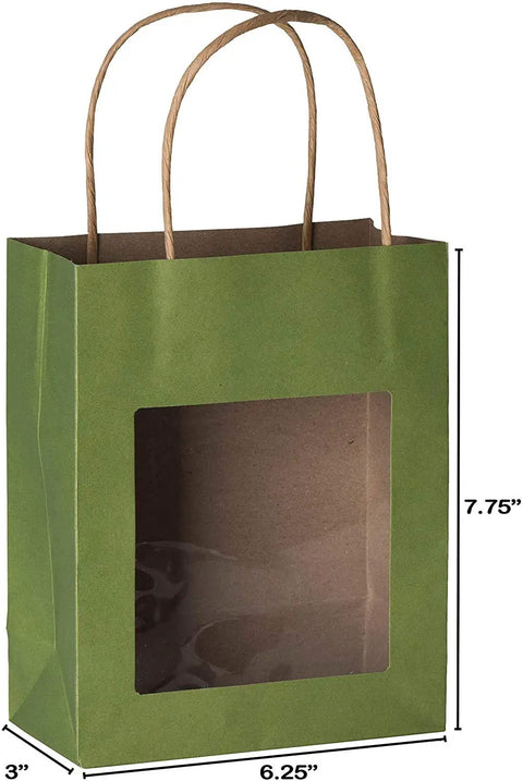 Green Kraft Paper Gift Bag with Handles, Clear Window, Medium Size, 7.75 x 6.25 x 3 Inches, Eco Friendly, for Kids Party Favors