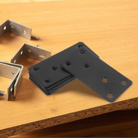 Beefy Heavy Duty Stainless Steel Flat Mending Brackets Set for Screens and Shelves on wooden surface