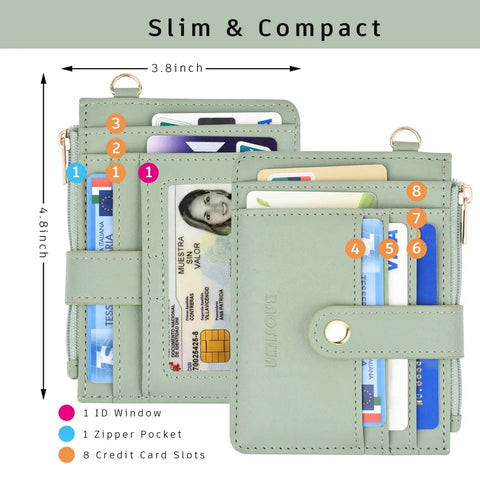 Green Wristlet Wallet For Women With RFID Blocking Card Holder Zipper Coin Pocket ID Window Detachable Slim Card Case