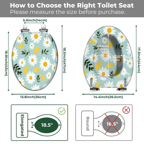 Image showing measurements for choosing an Elongated Toilet Seat Cover Quiet Close for Bathroom with floral design.