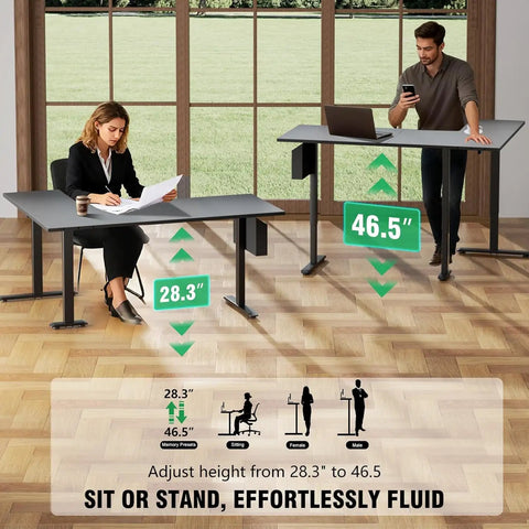 L Shaped Electric Standing Desk With Memory Presets 63 Inch Corner Sit To Stand Desk Adjustable Height From 28.4 To 46.5 Inches Reversible For Home Office Quiet Smooth Lift Black with people sitting and standing